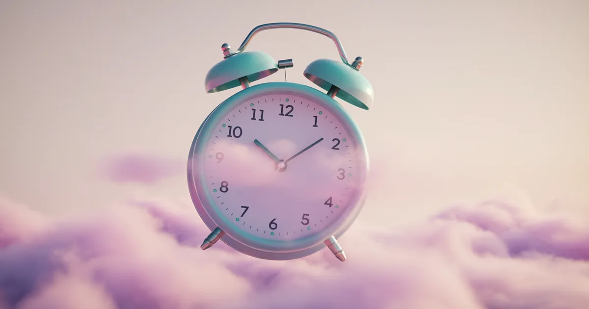 Floating alarm clock dissolving into soft lavender clouds — representing morning anxiety