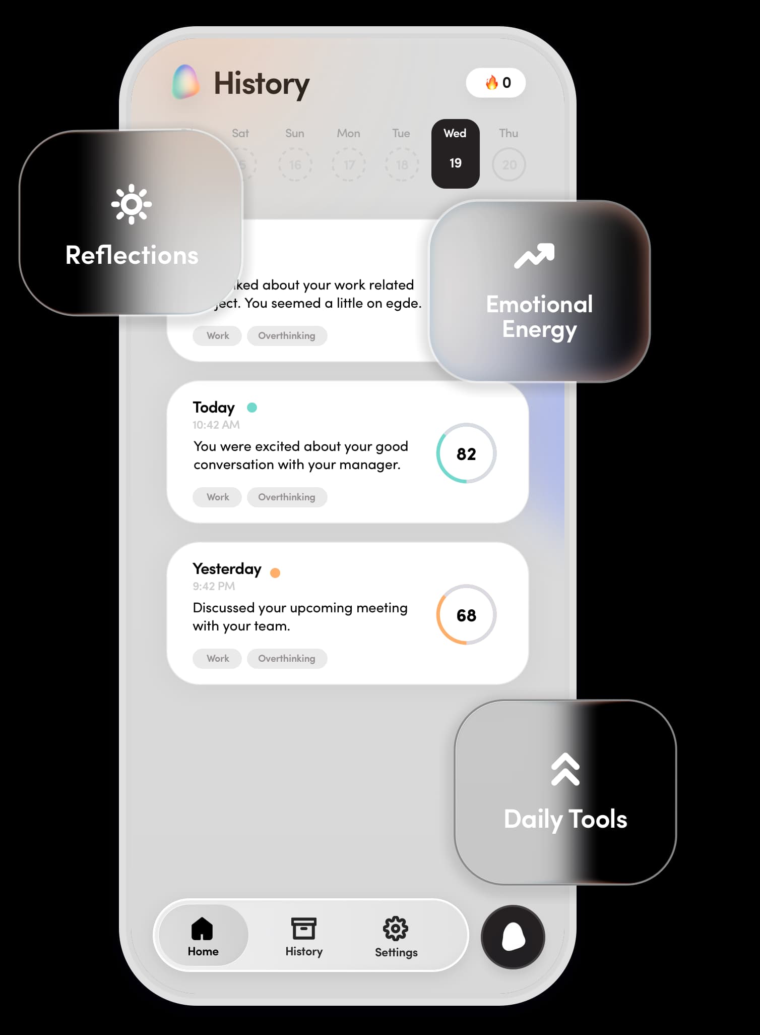 Stella app History screen showing Emotional Energy scores of 82 and 68 with Reflections